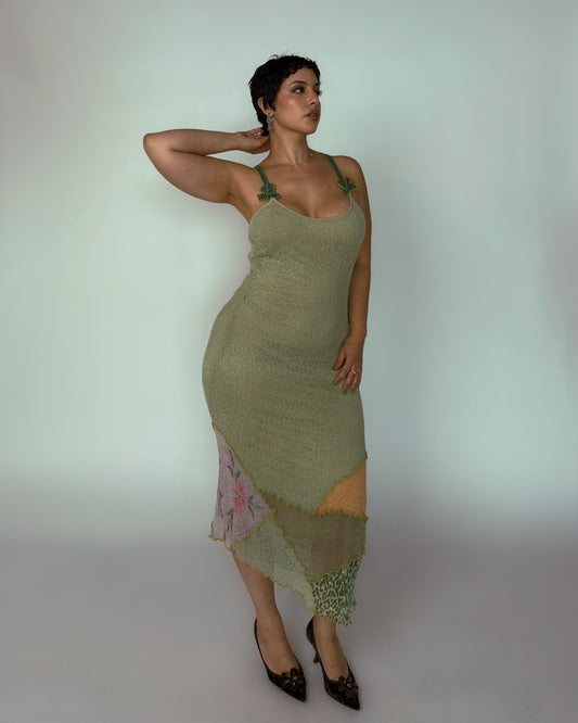 Vintage Spanish Sage Green Knit Midi Dress - size M-XL