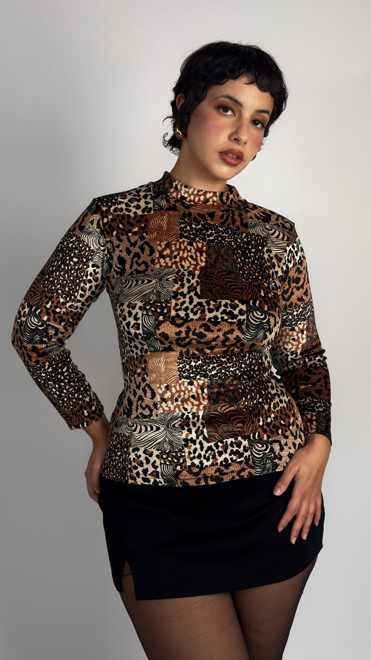 French Vintage Velvet Animal Print Patchwork Top - M