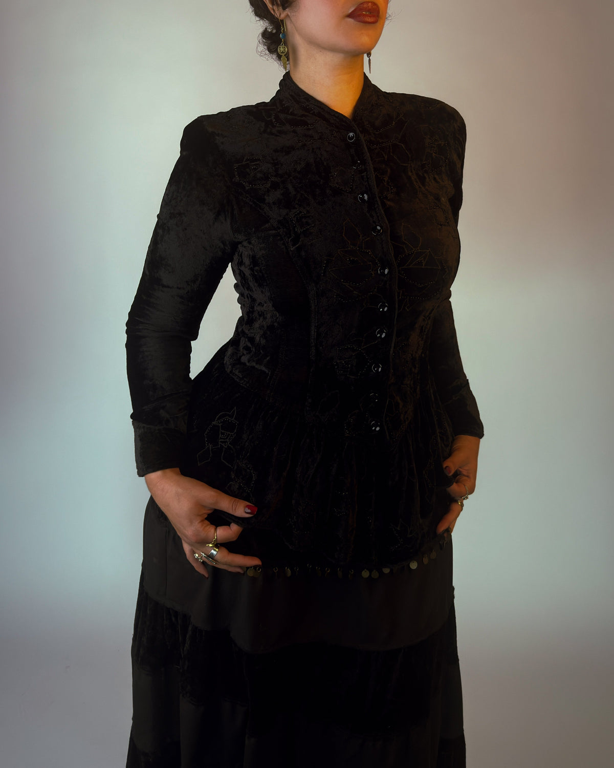 Rare 80s/90s Derhy Velvet Beaded Peplum Top - M/L