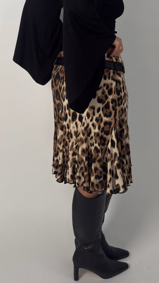 Leopard Faux Belt Y2K Stretch Skirt - L/XL