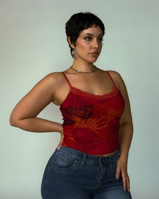 Vintage Red Lace Trim Cami Top - size M