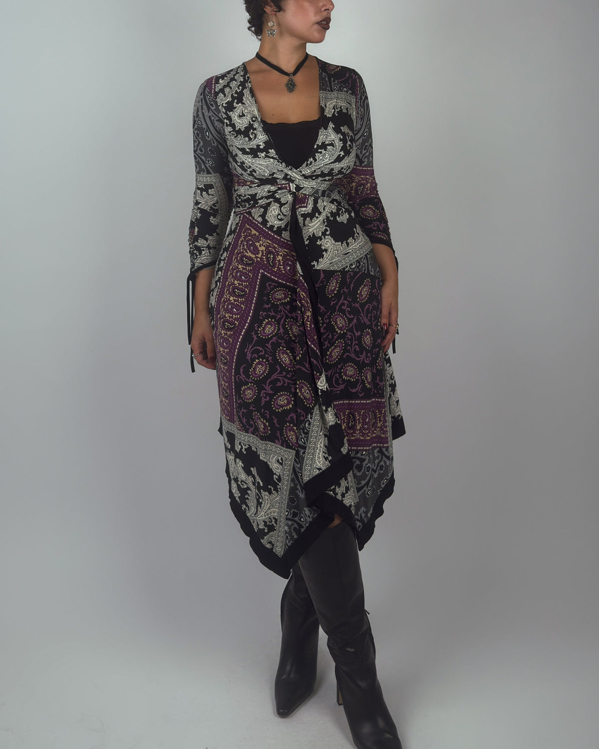 Rust Olive Patchwork Paisley Mesh Dress - back full length styled