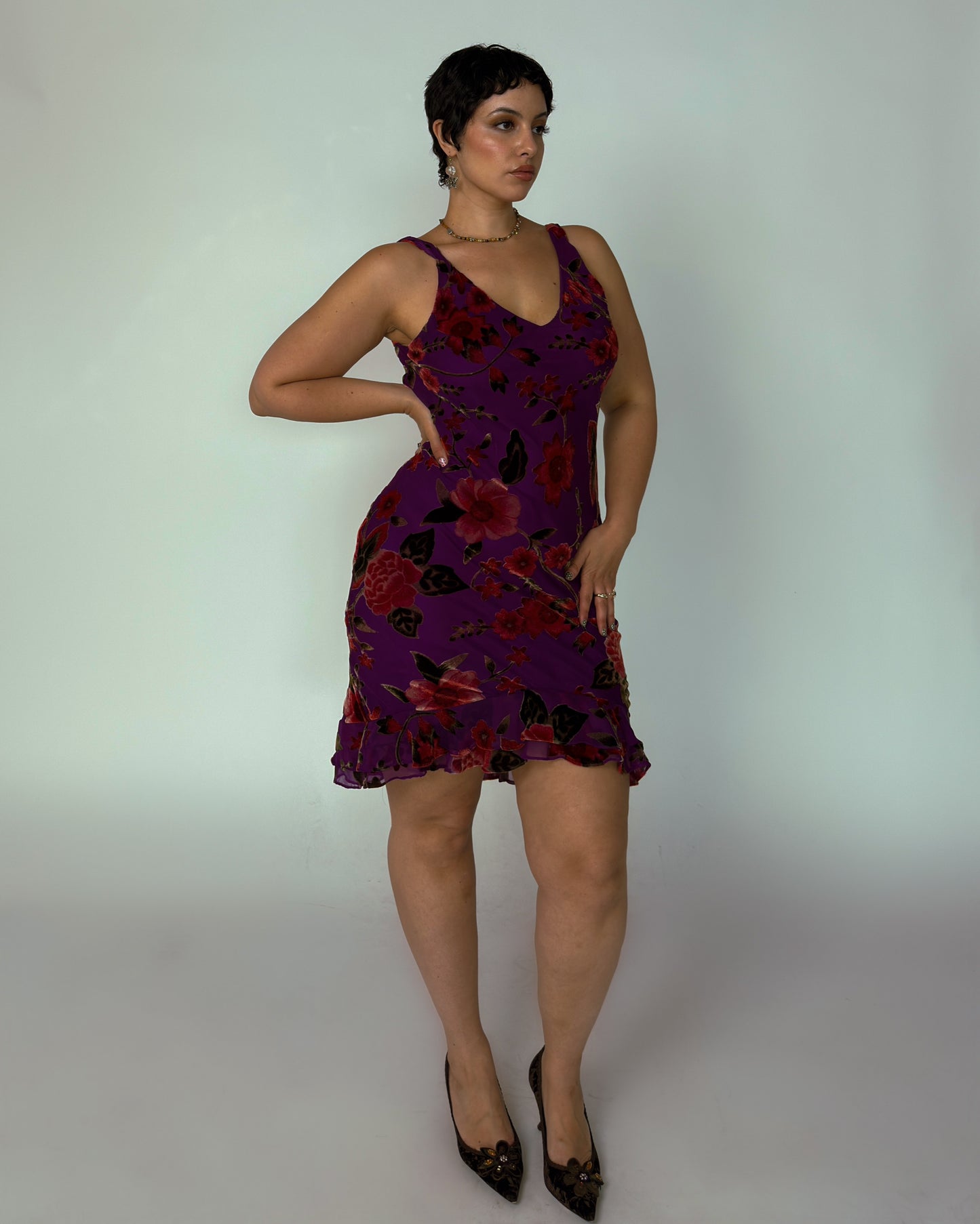 Italian Vintage Crushed Velvet Midi Dress - size M/L