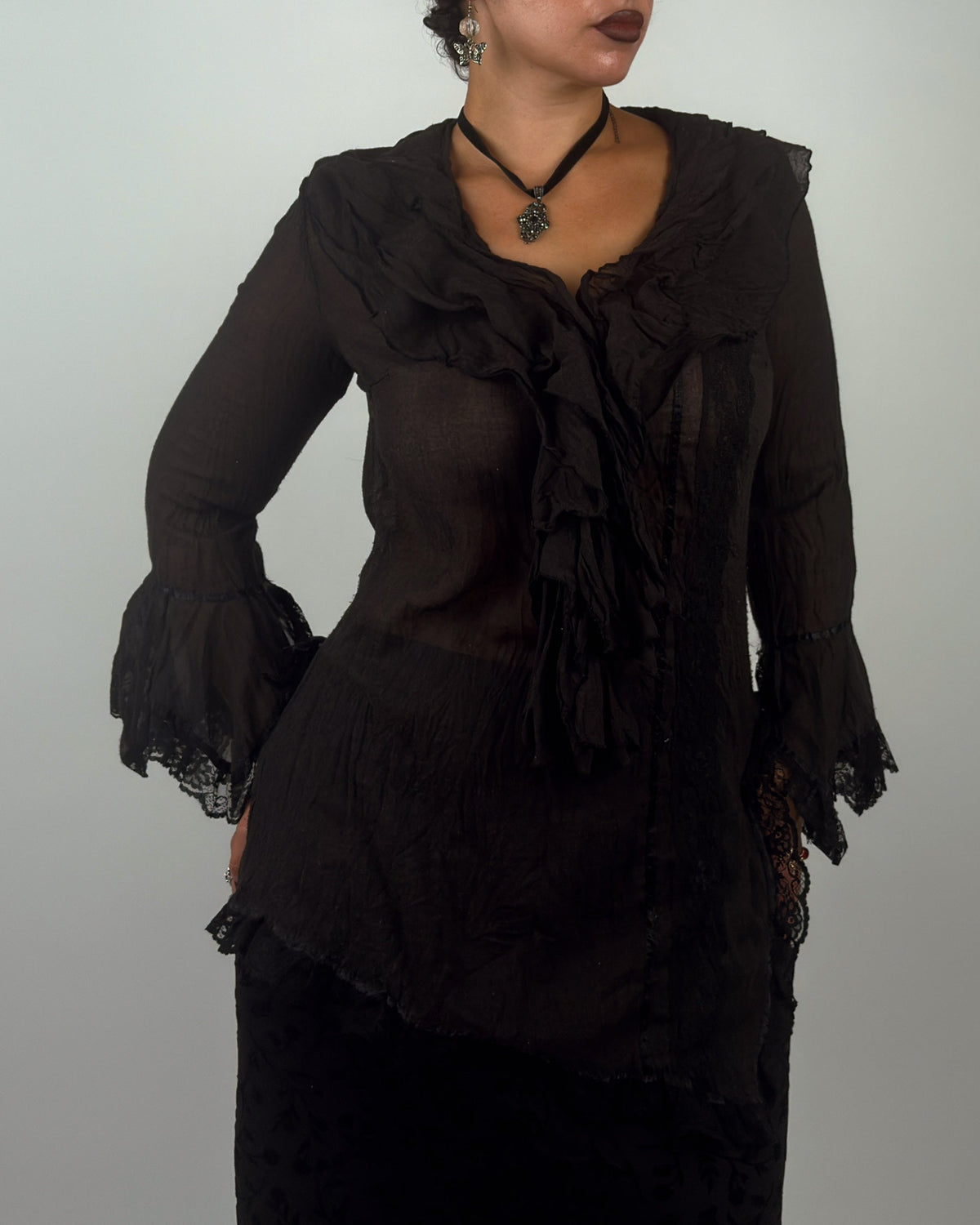 Black Ruffle Top with Lace Bell Sleeves - M/L