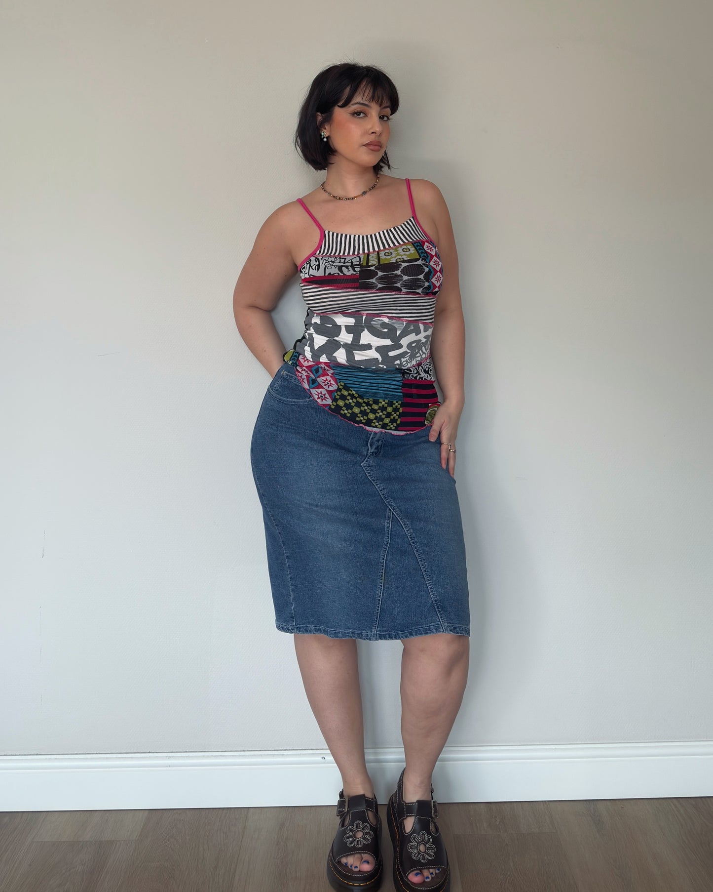 Vintage Y2K Studded Denim Midi Skirt - size L/XL