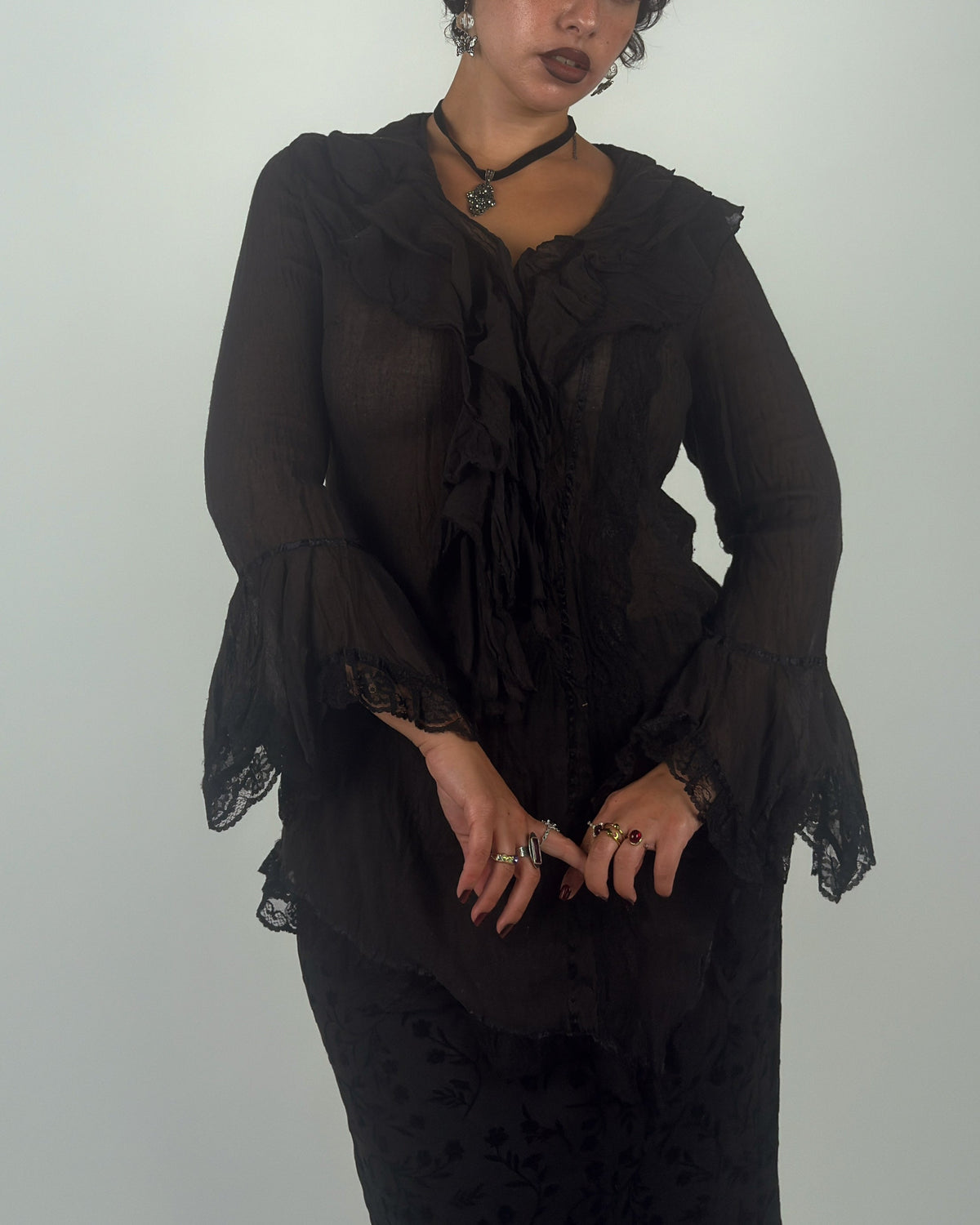 Black Ruffle Top with Lace Bell Sleeves - M/L
