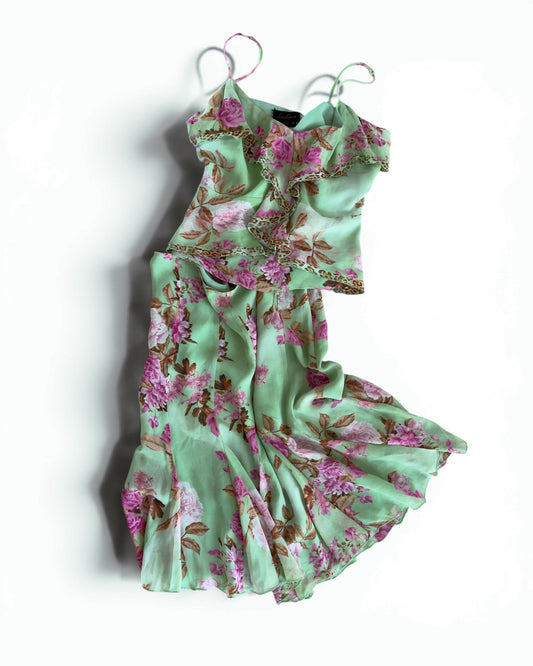 Vintage Italian Silk Floral Leopard Skirt Set - size M/L