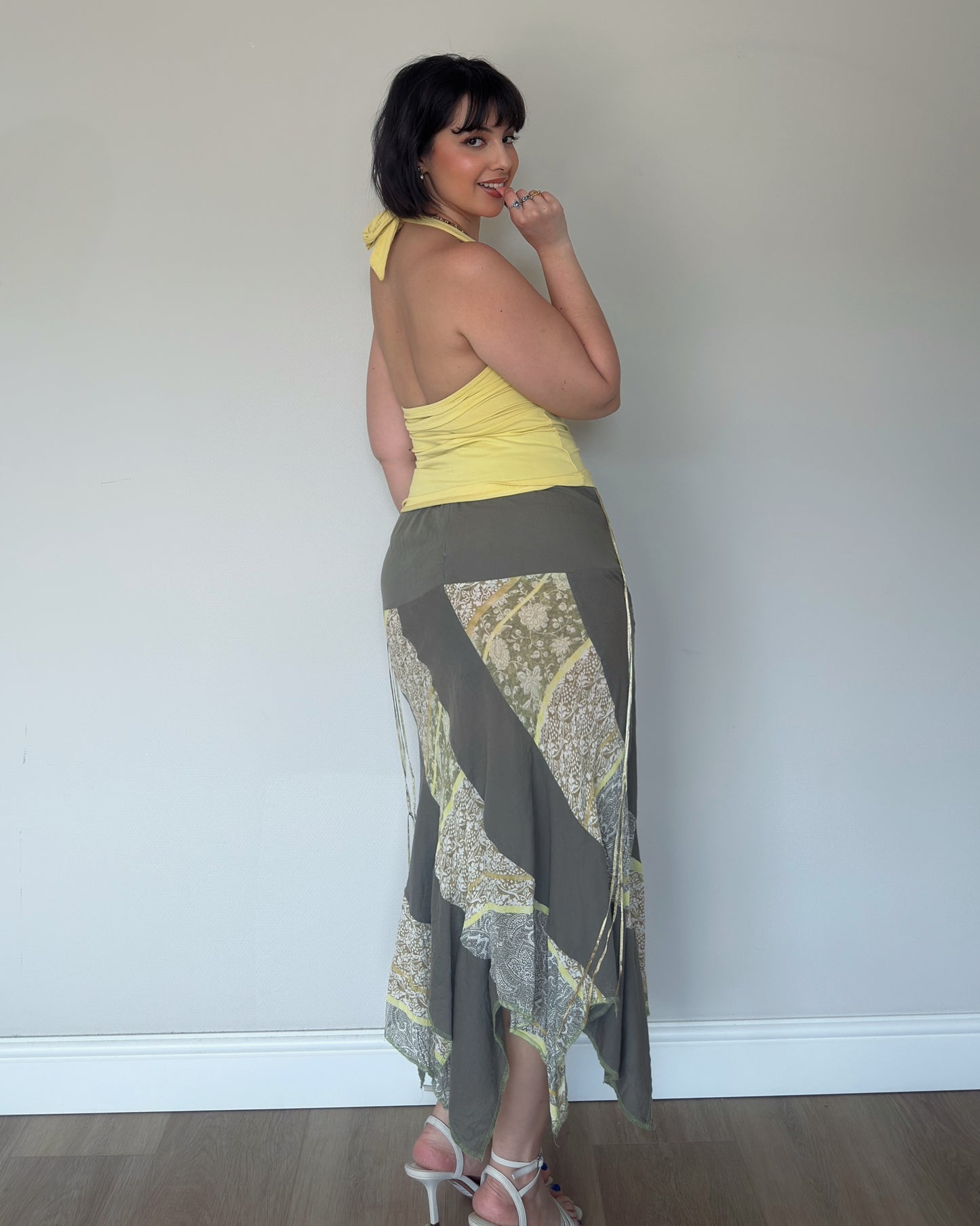 Handkerchief Hem Patchwork Midi Skirt - size L/XL