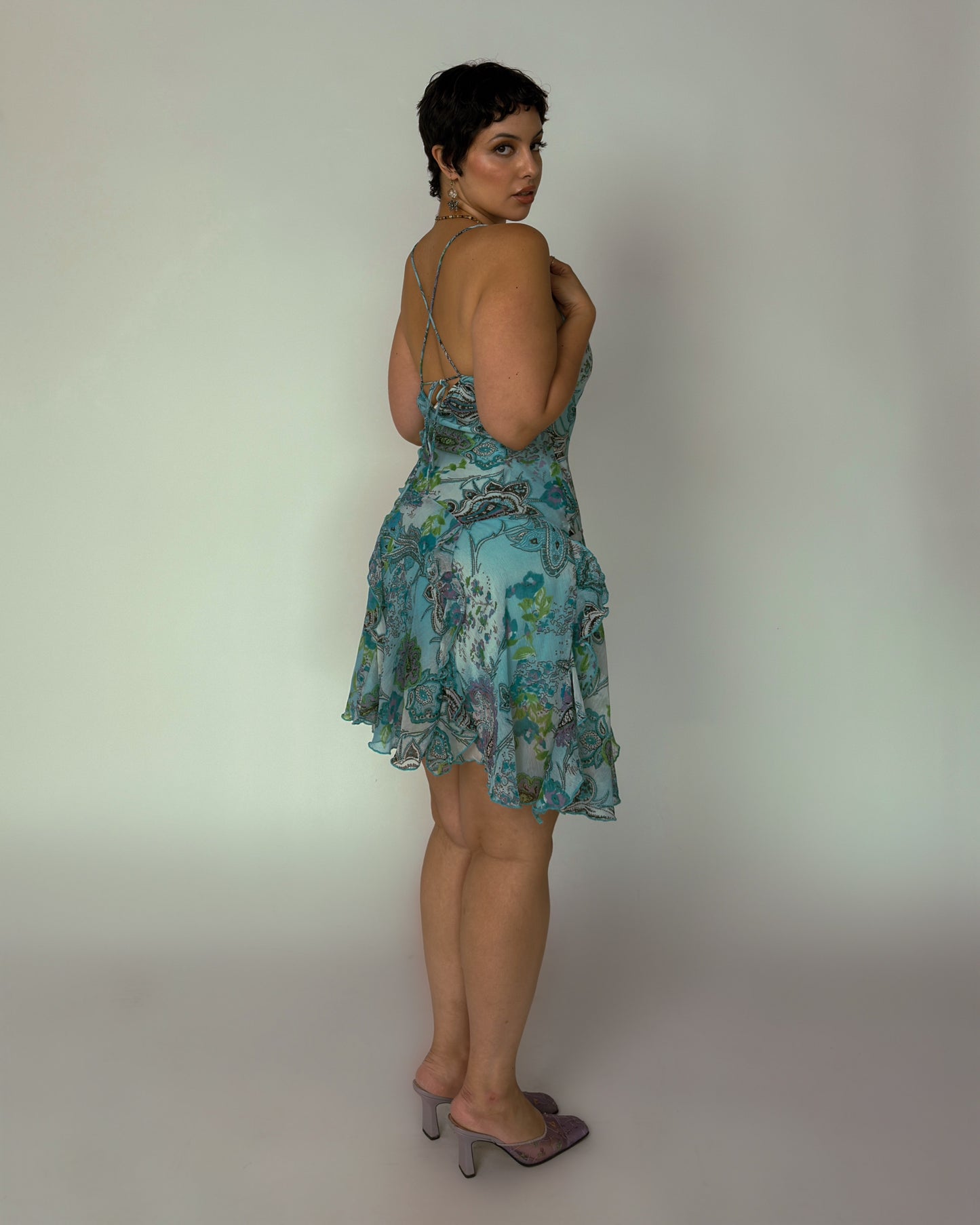 Vintage Blue Floral Midi Dress - size M/L