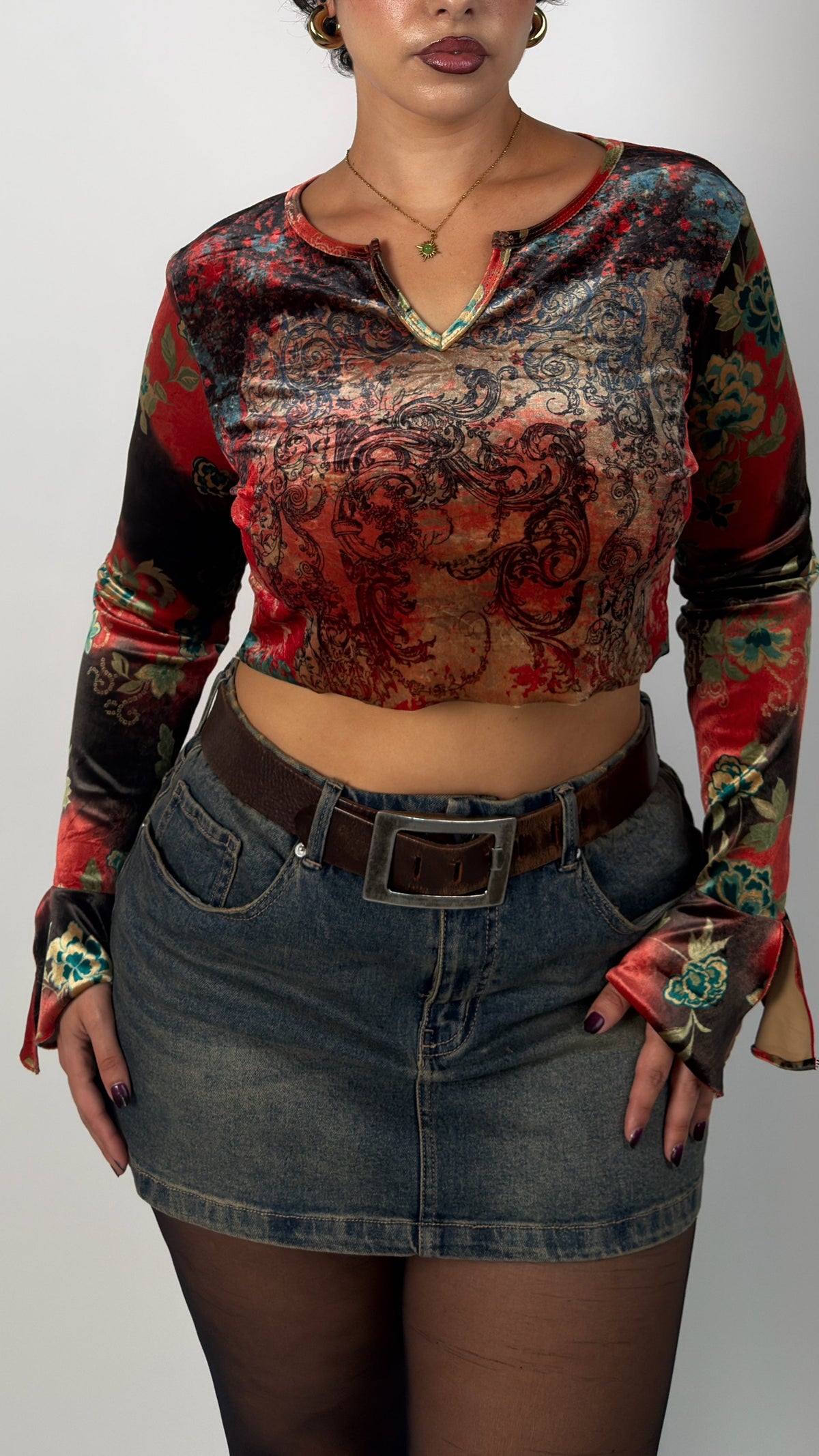 Velvet Bell Sleeve Crop Top