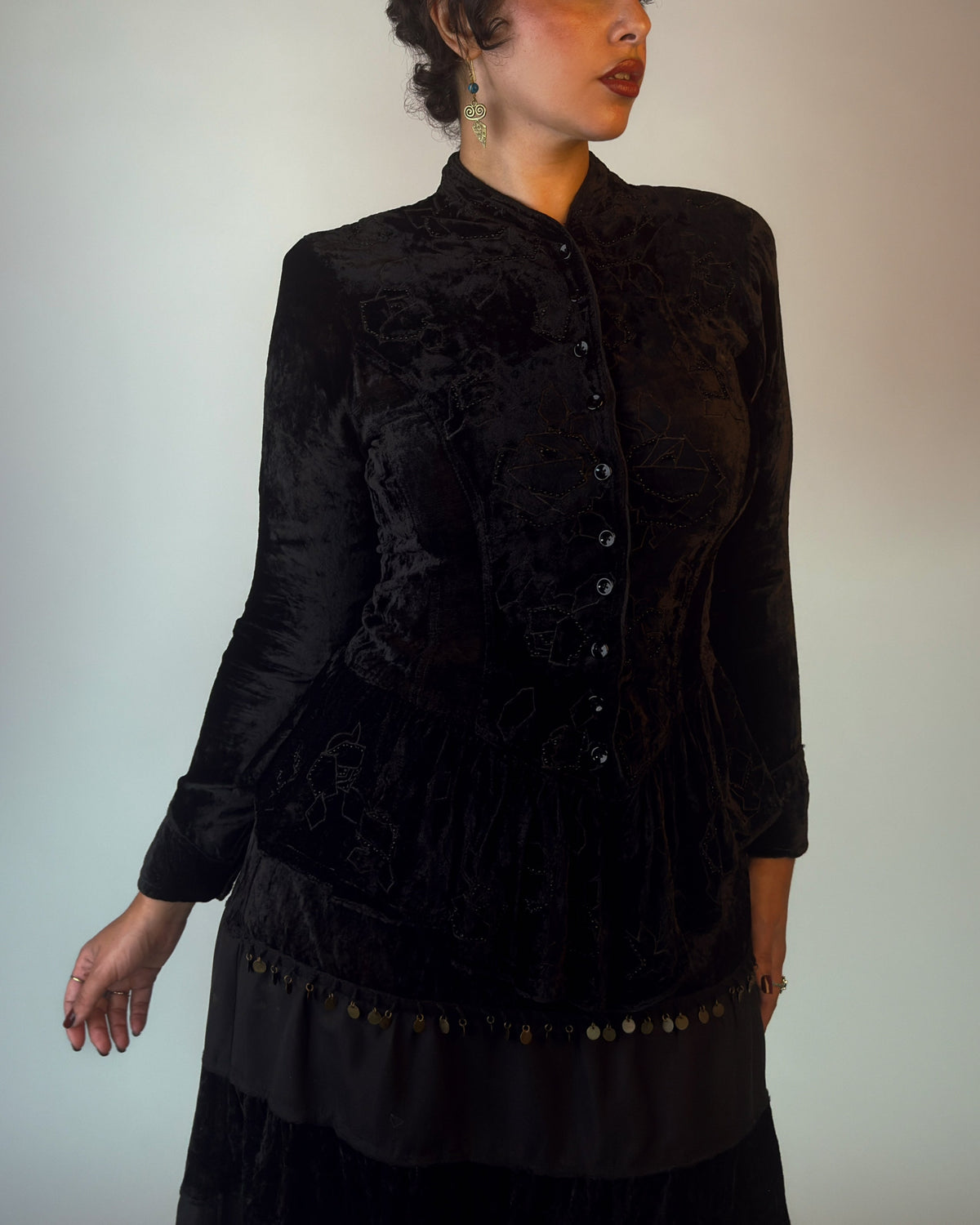 Rare 80s/90s Derhy Velvet Beaded Peplum Top - M/L