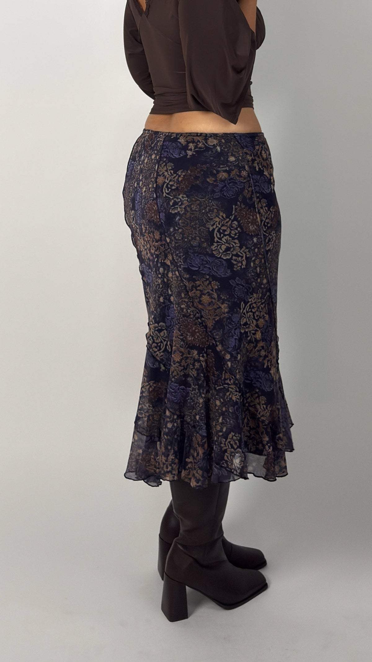 Vintage Midnight Blue Floral Stretch Skirt - L/XL