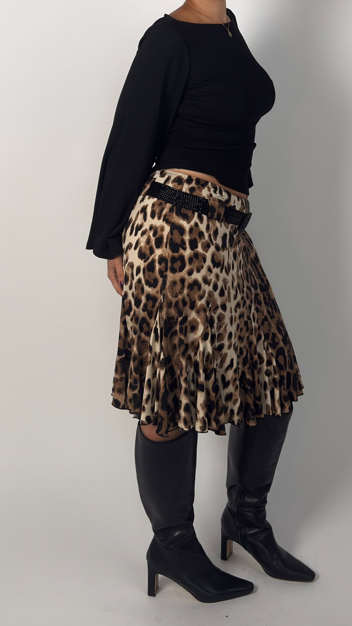 Leopard Faux Belt Y2K Stretch Skirt - L/XL