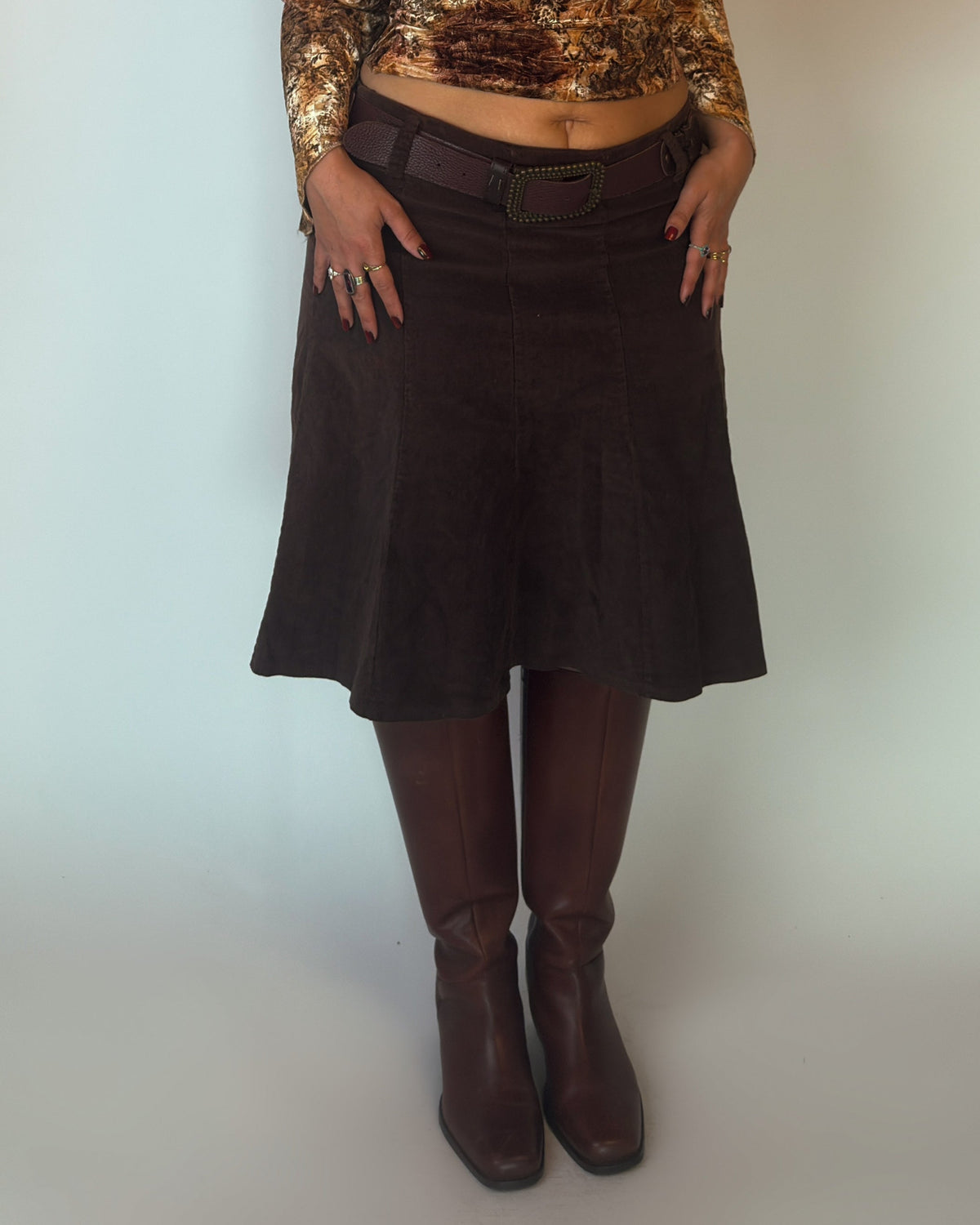Brown Stretch Rib Midi Skirt - L/XL