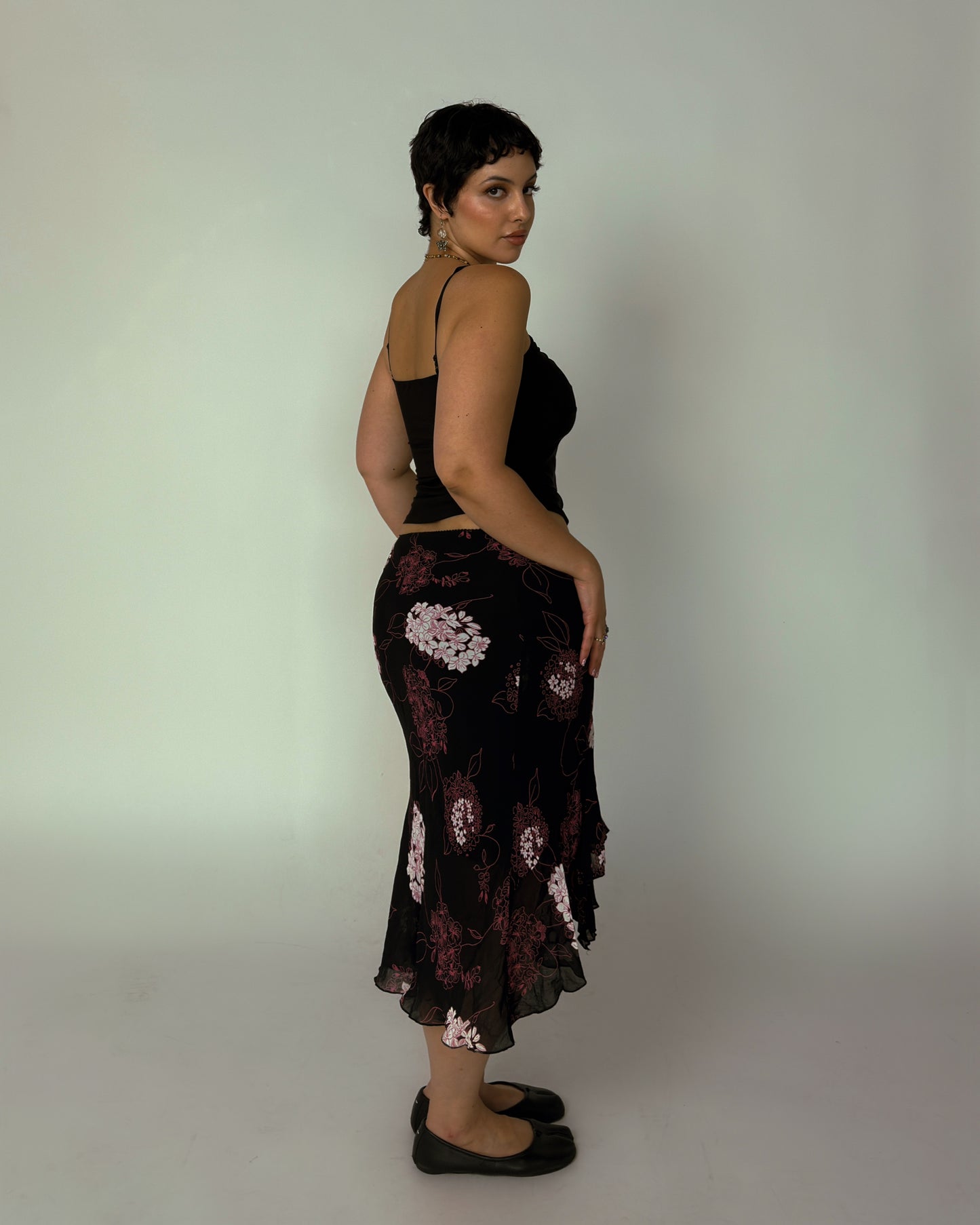 Black Floral Mesh Midi Skirt - size L-XXL