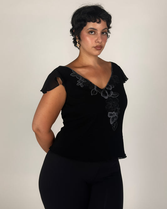 Black Floral Top - M/L