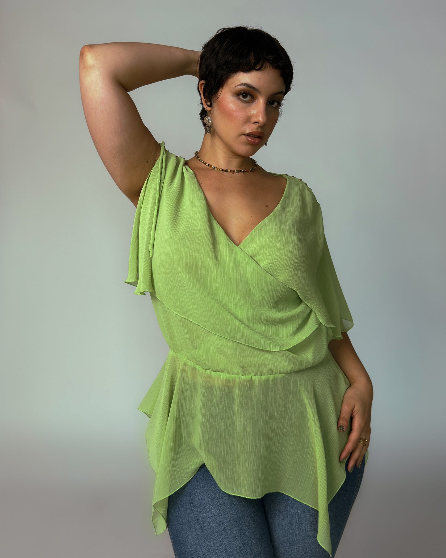 Vintage Green Chiffon Top - size M-XL