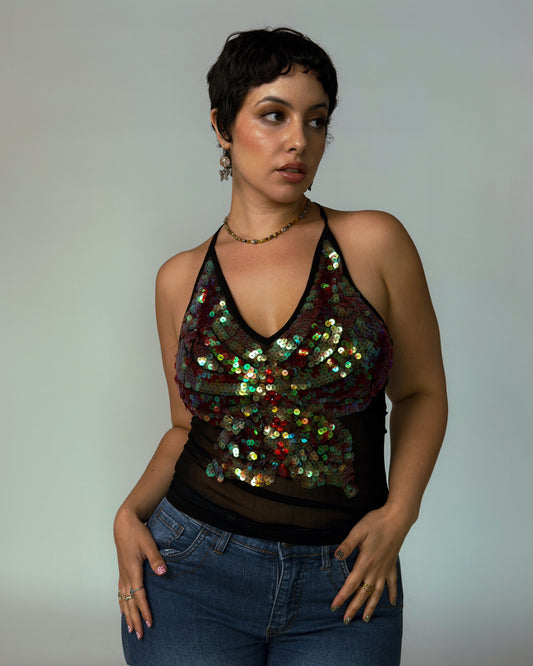 Black Butterfly Sequin Halter Top - size M/L