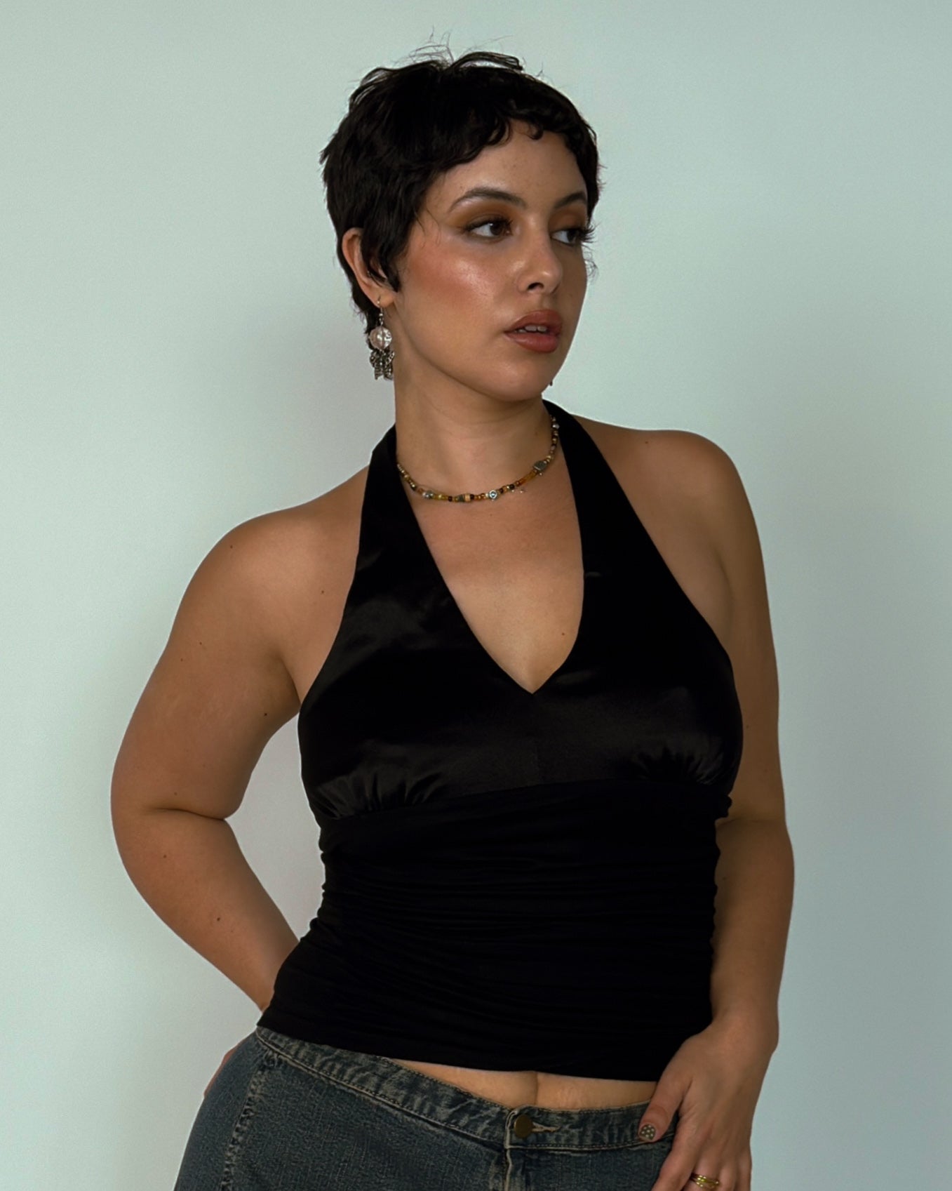 Black Satin Halter Top - size M/L