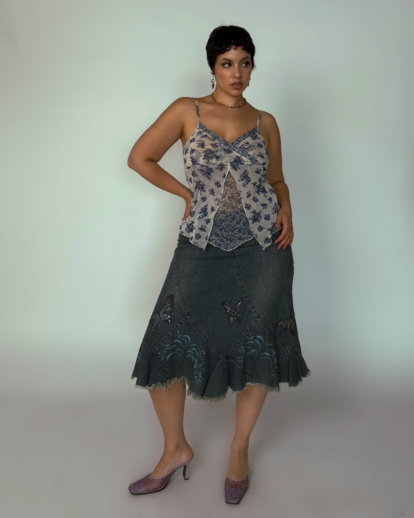 Vintage Stretch Denim Beaded Butterfly - size L-XXL