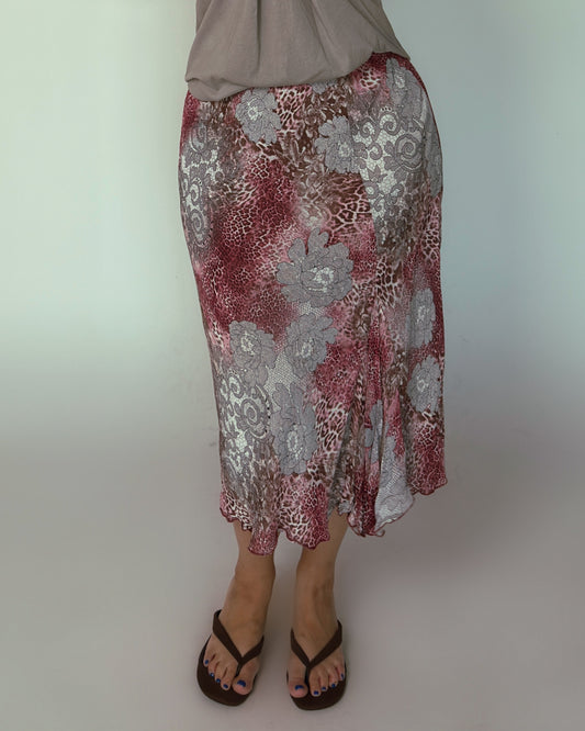 Vintage Pink Floral Animal Print Skirt - size L-XXL