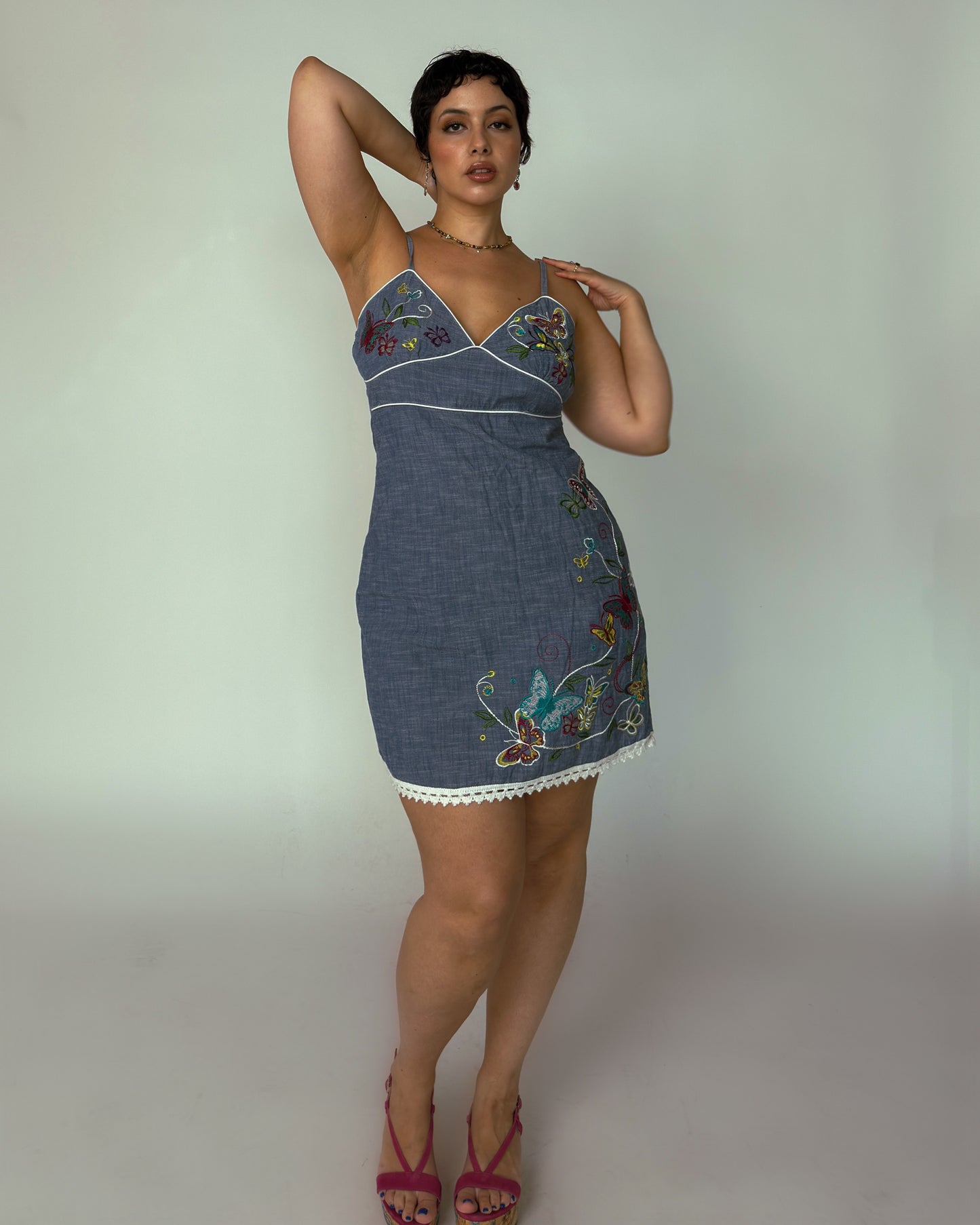 Vintage Denim Embroidered Midi Dress - size M/L