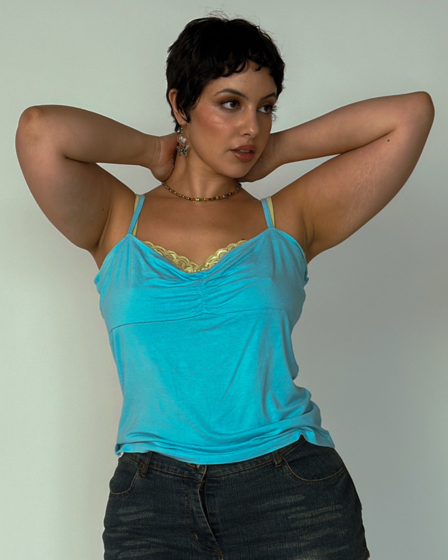 Vintage Blue Lace Trim Cami Top - size L/XL