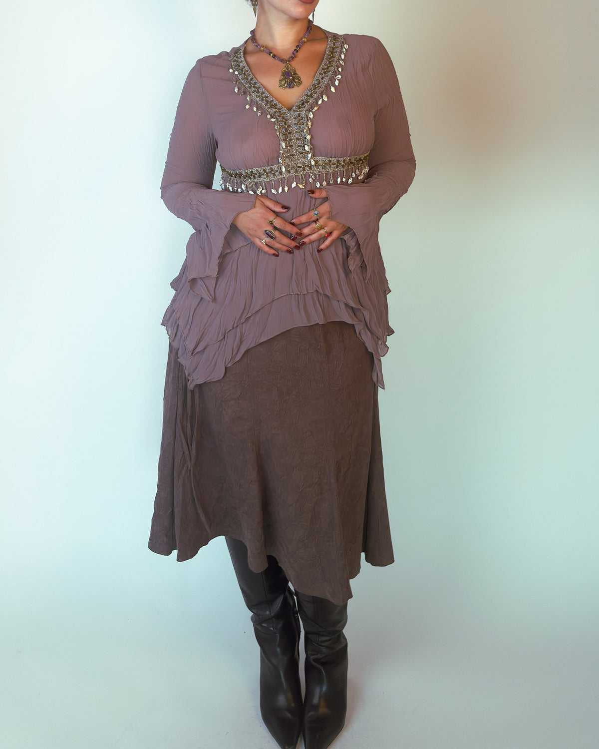 Brown Pleated Midi Skirt with Tassel Tie Waist - L/XL