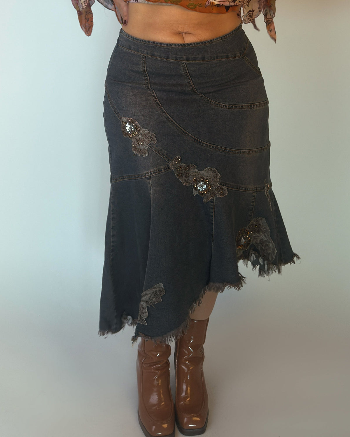 Stretch Denim Midi Skirt - L/XL
