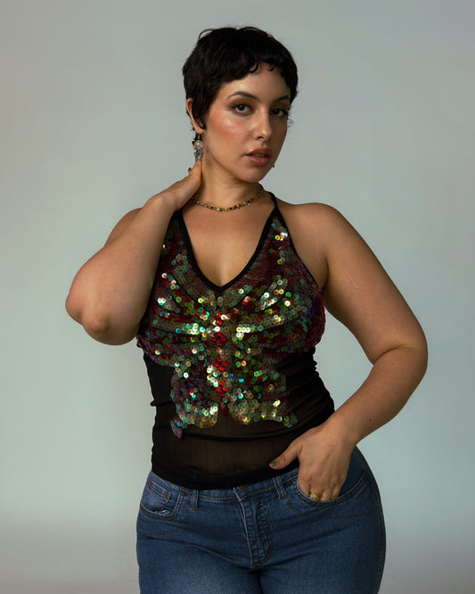 Black Butterfly Sequin Halter Top - size M/L