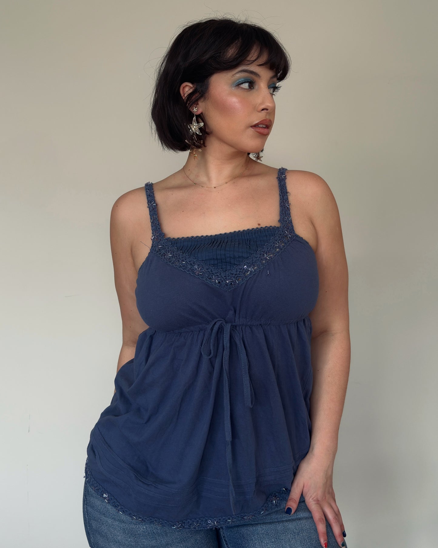 Navy Lace Detail Babydoll Top