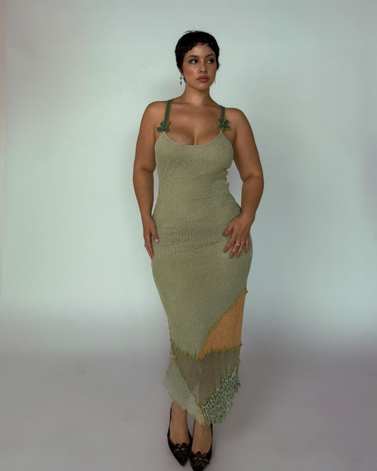 Vintage Spanish Sage Green Knit Midi Dress - size M-XL