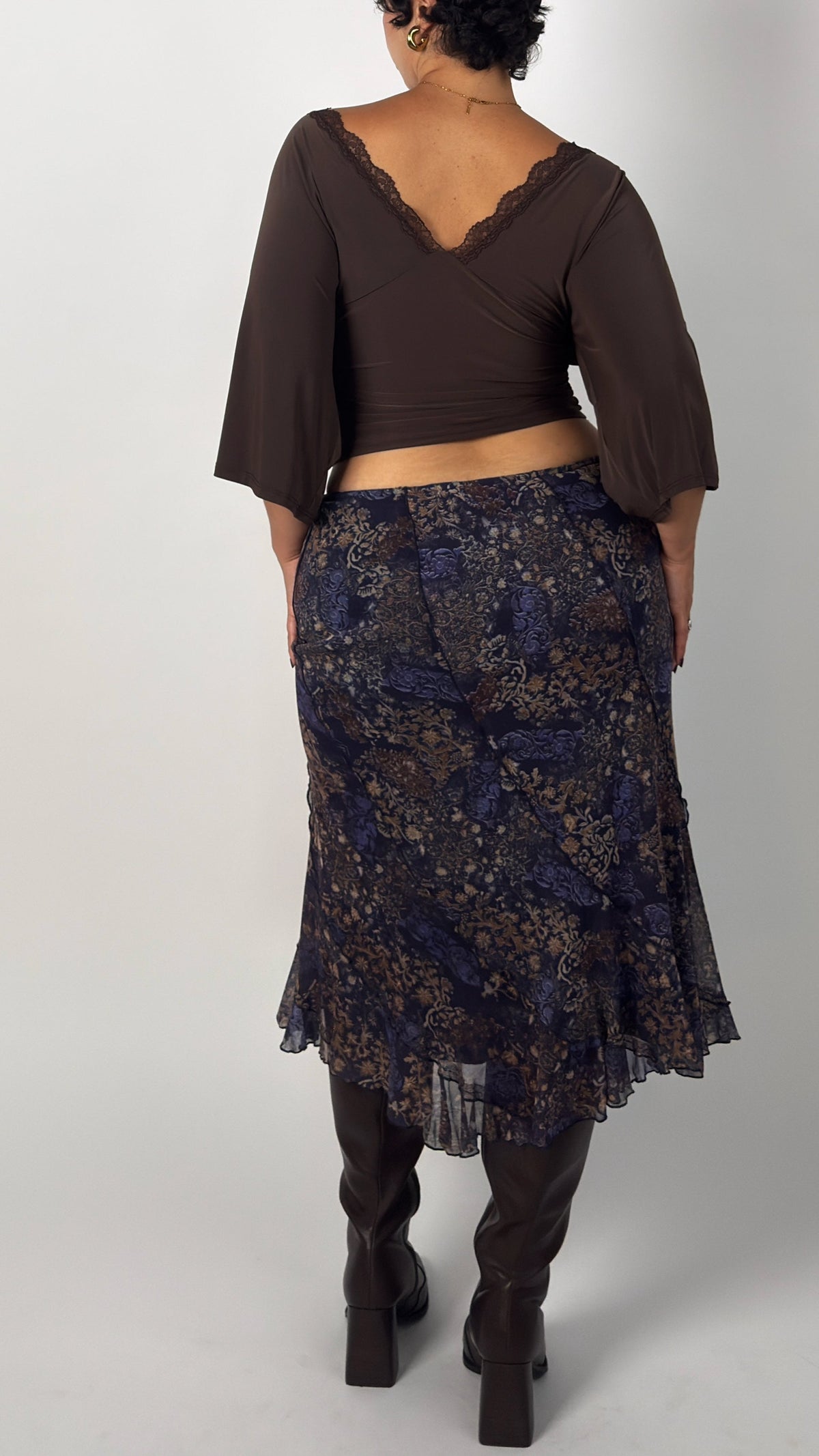 Vintage Midnight Blue Floral Stretch Skirt - L/XL