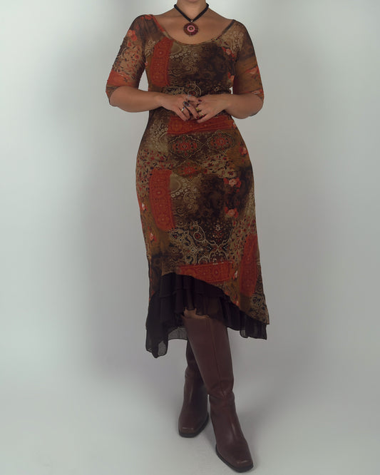 Patchwork Mesh Stretch Midi Dress - M-XL