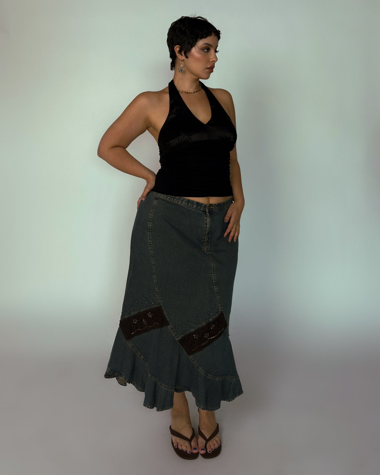Vintage Georges Franck Denim Beaded Skirt - size XL/XXL