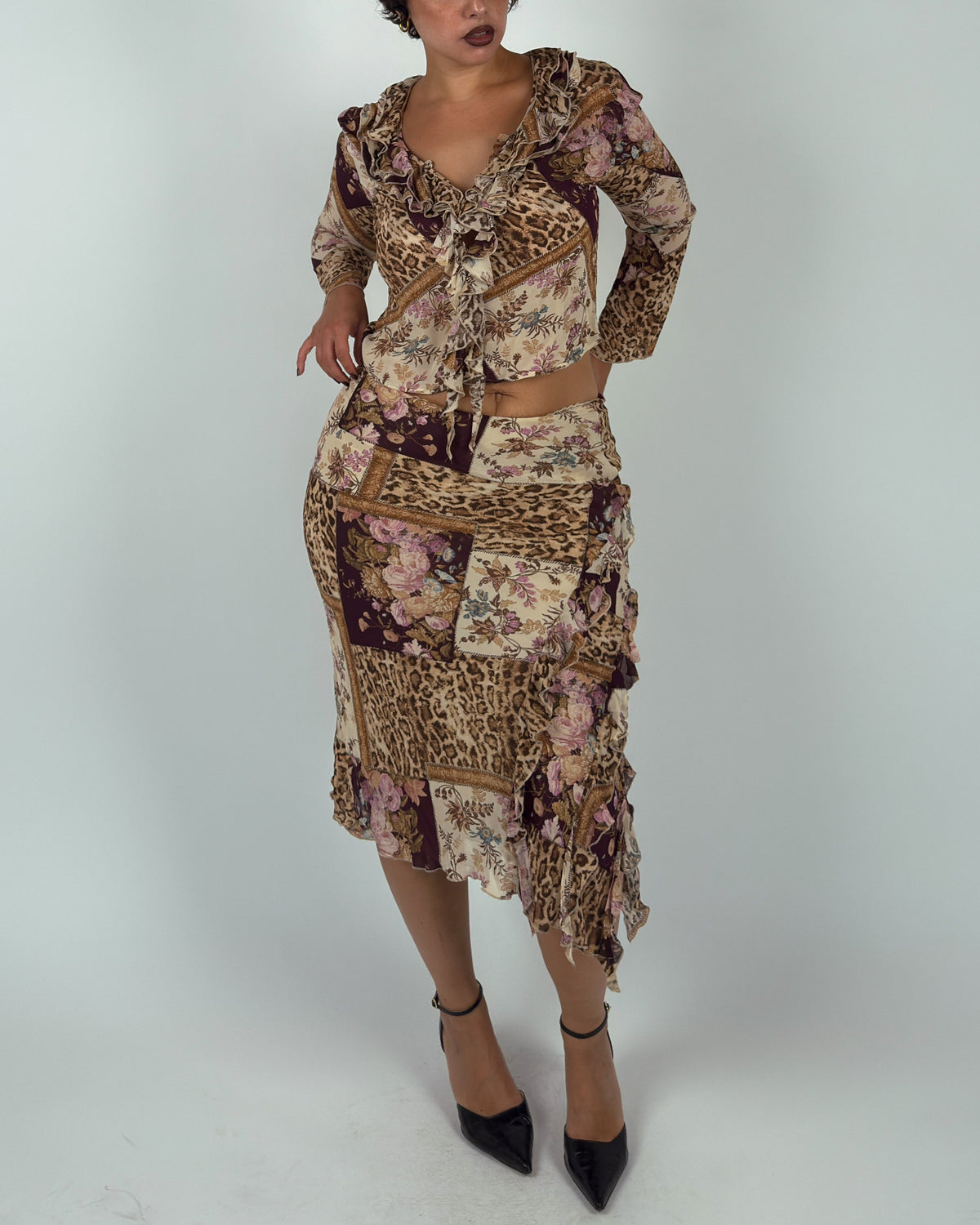 Leopard & Floral Patchwork Mesh Matching Set - M/L