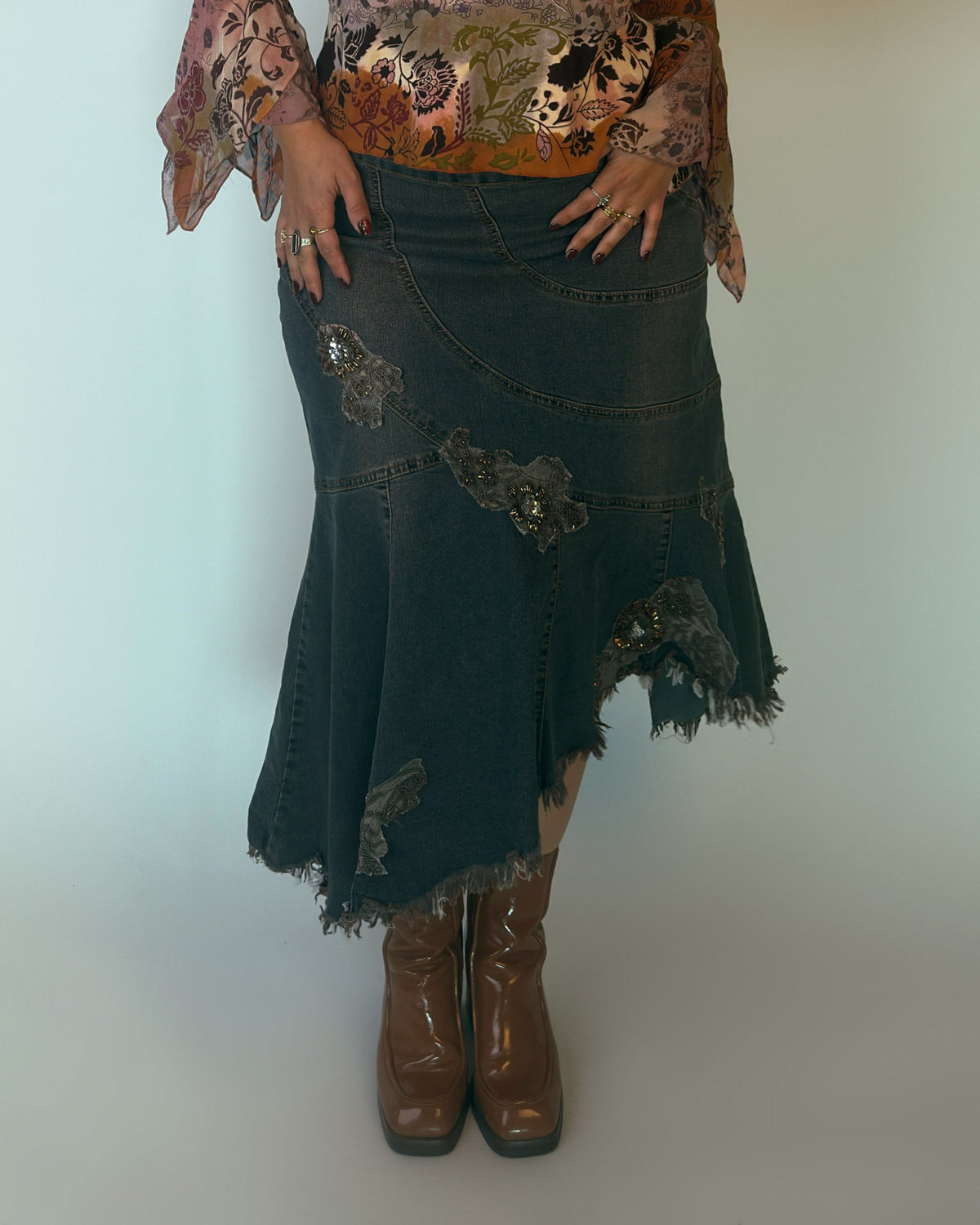 Stretch Denim Midi Skirt - L/XL