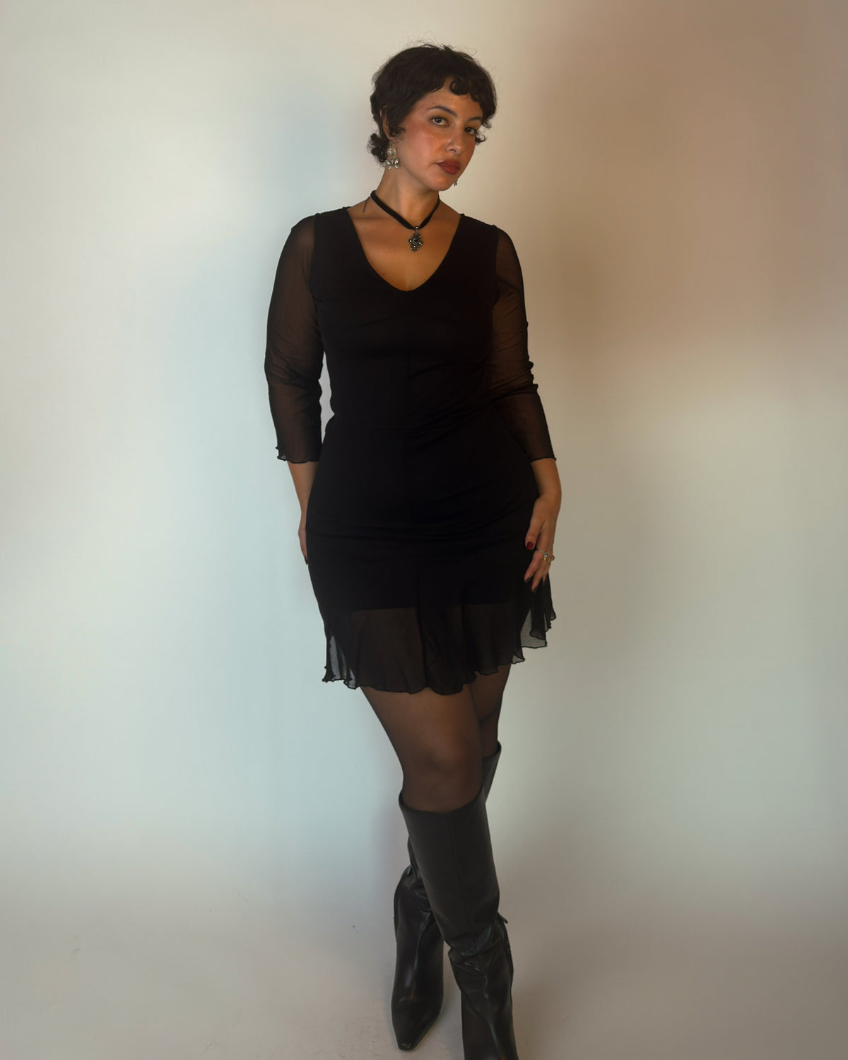 Black Mesh Mini Dress with Ruffle Hem - M/L