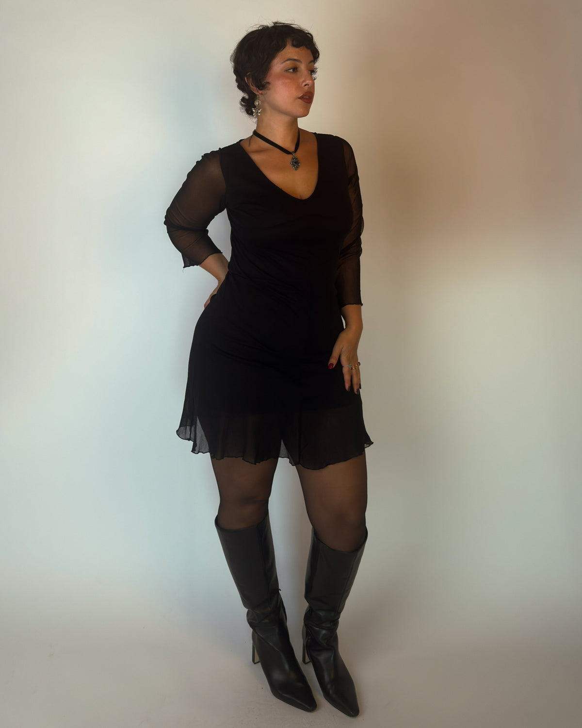 Black Mesh Mini Dress with Ruffle Hem - M/L