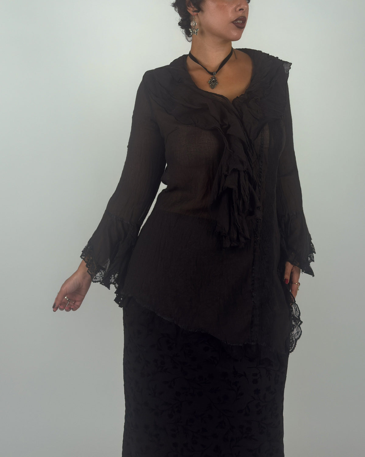 Black Ruffle Top with Lace Bell Sleeves - M/L