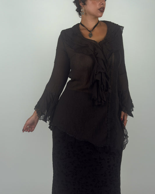 Black Ruffle Top with Lace Bell Sleeves - M/L