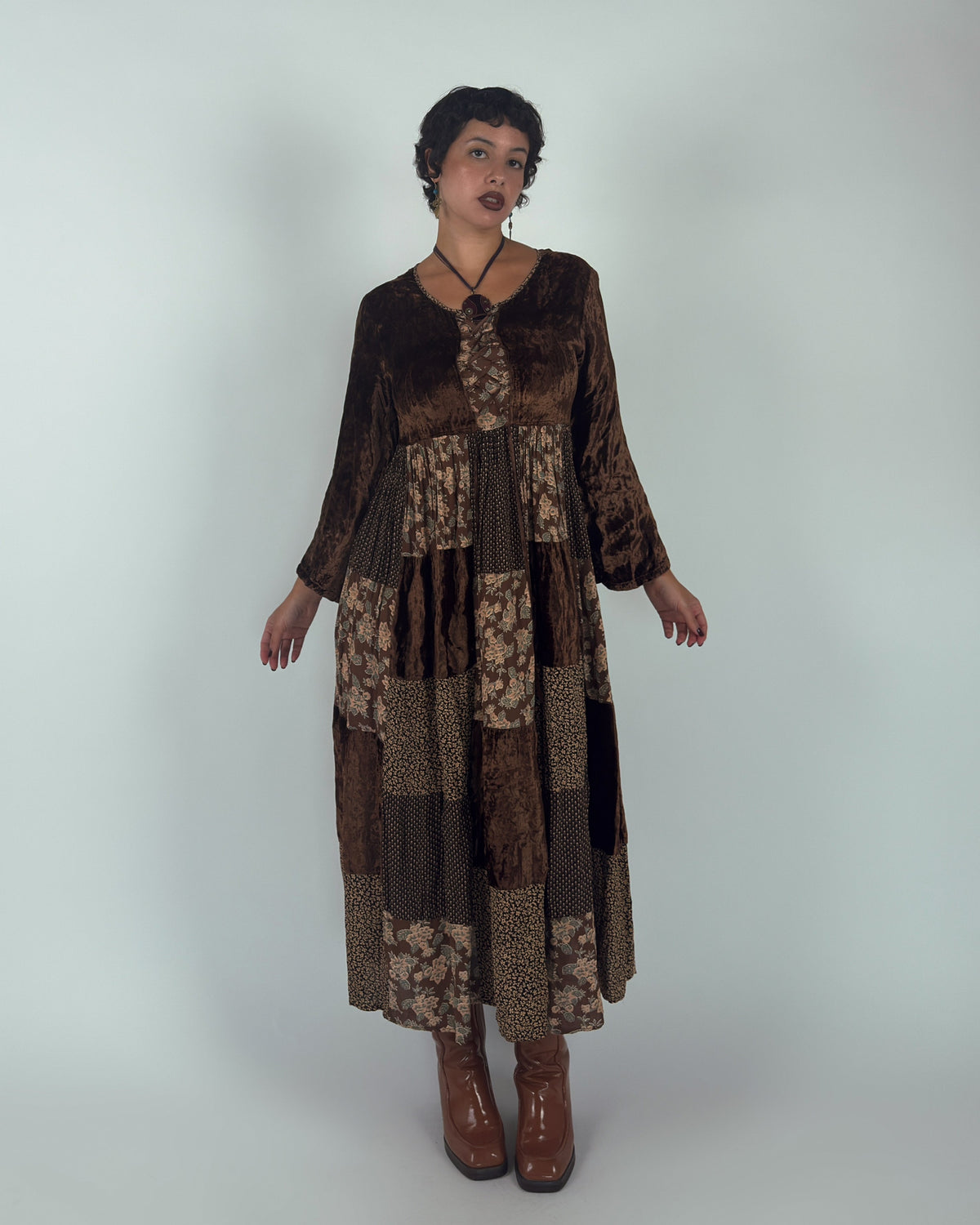 Vintage Brown Velvet Patchwork Tiered Maxi Dress - L/XL