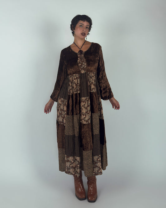 Vintage Brown Velvet Patchwork Tiered Maxi Dress - L/XL