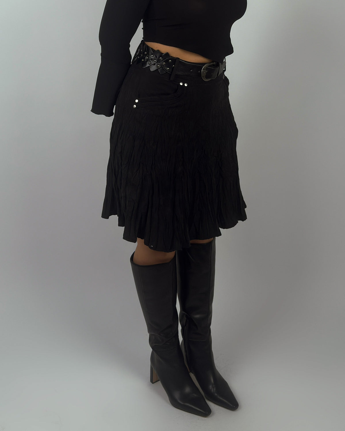 Black Pleated Mini Skirt with Studded Belt - M/L