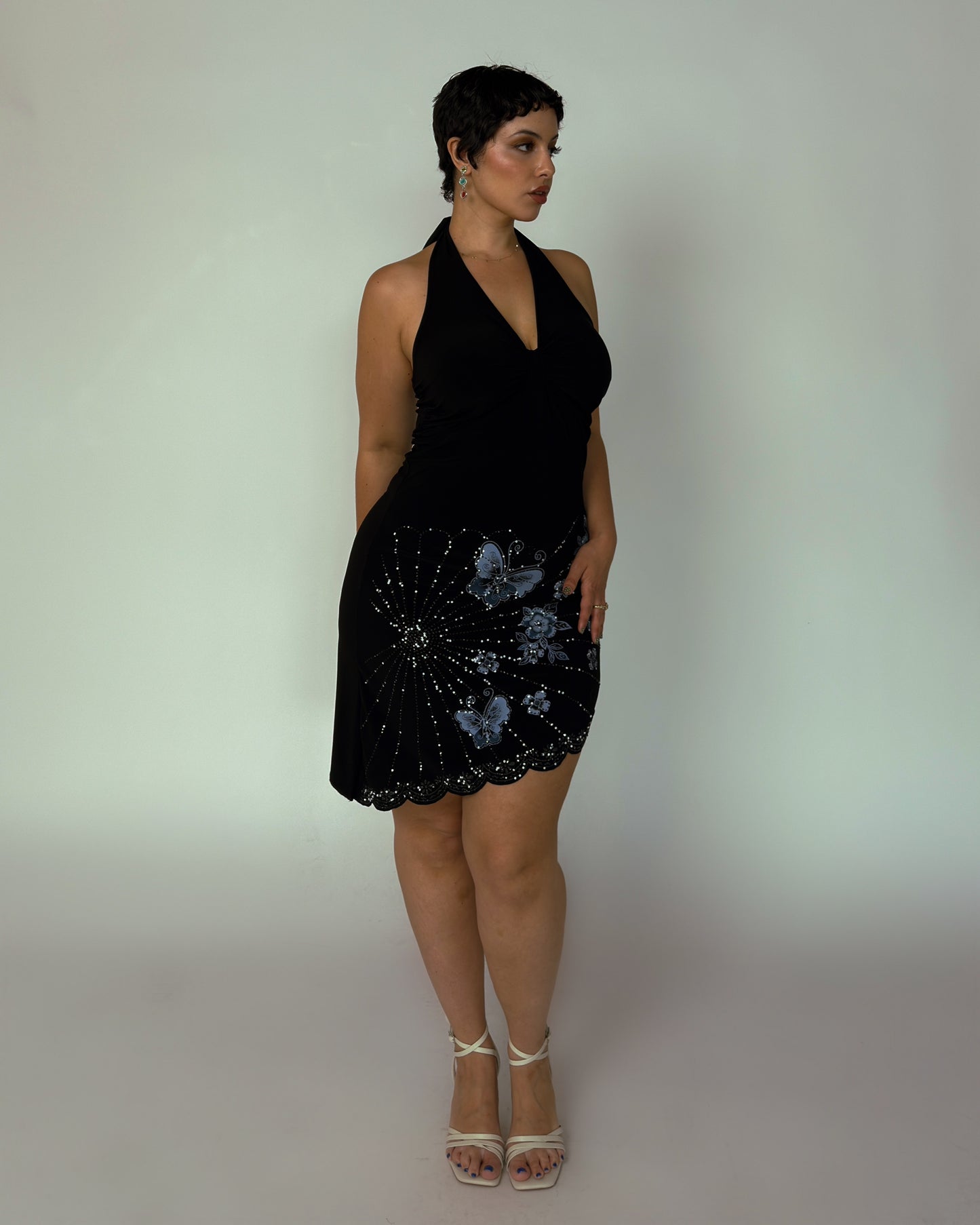 Vintage Beaded Halter Mini Dress - size M-XL