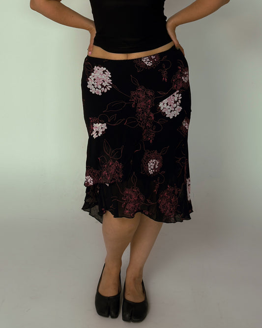 Black Floral Mesh Midi Skirt - size L-XXL