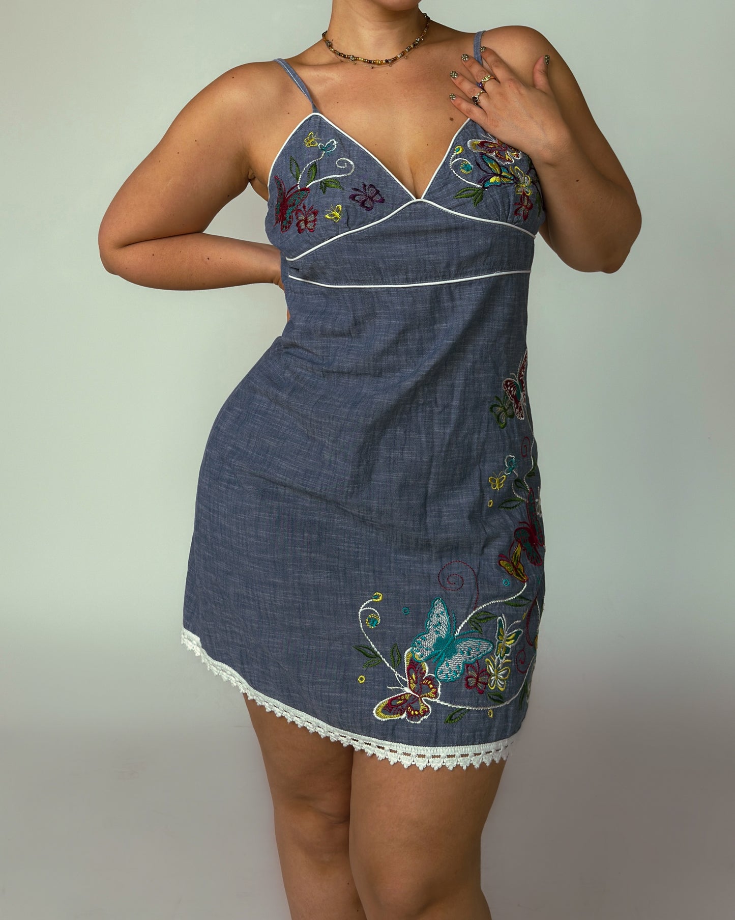 Vintage Denim Embroidered Midi Dress - size M/L