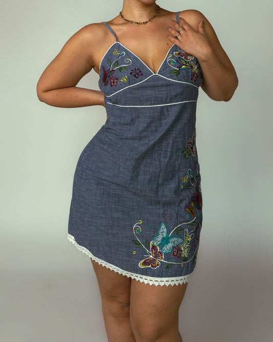 Vintage Denim Embroidered Midi Dress - size M/L