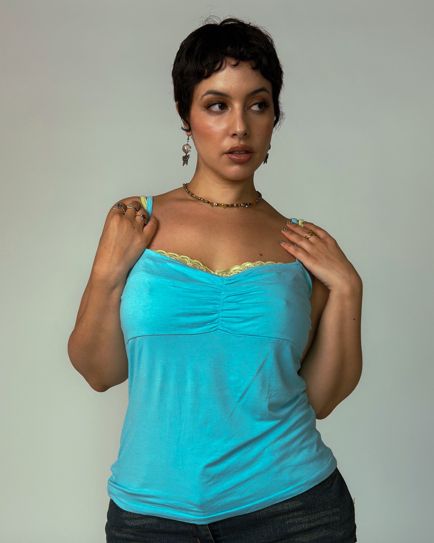 Vintage Blue Lace Trim Cami Top - size L/XL