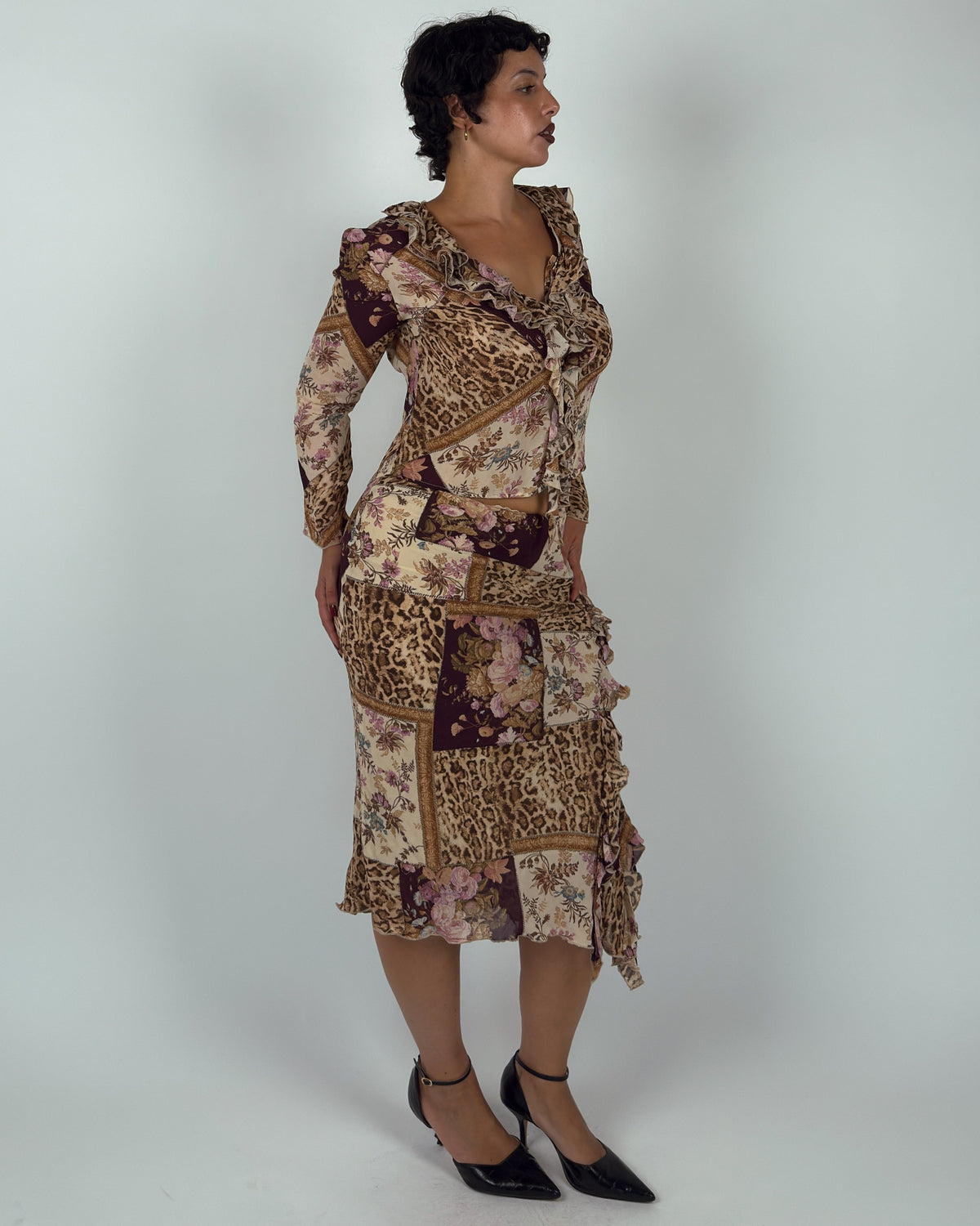 Leopard & Floral Patchwork Mesh Matching Set - M/L